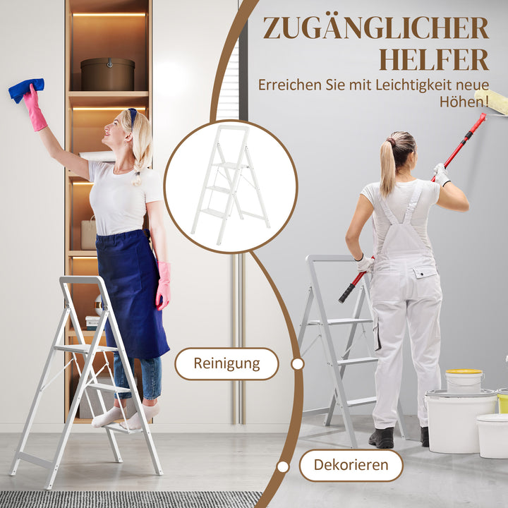 3-Trins trappestige, aluminium foldbar, skridsikker platform, hvid