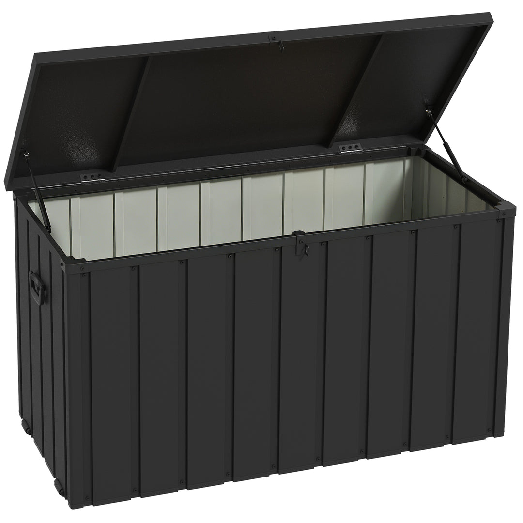 Opbevaringskasse, havekasse, 450L opbevaringsplads, 2 hjul, stålramme, 125x61x70 cm, mørkegrå