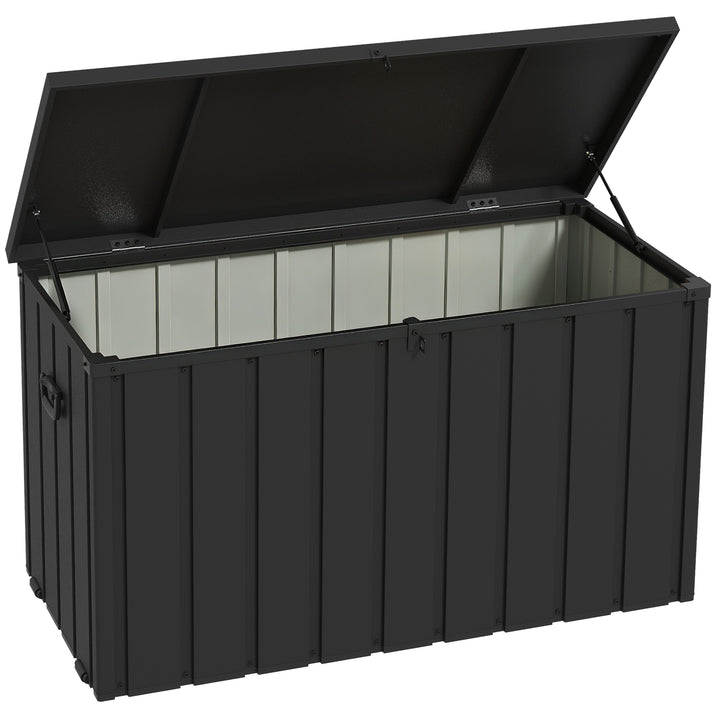 Opbevaringskasse, havekasse, 450L opbevaringsplads, 2 hjul, stålramme, 125x61x70 cm, mørkegrå