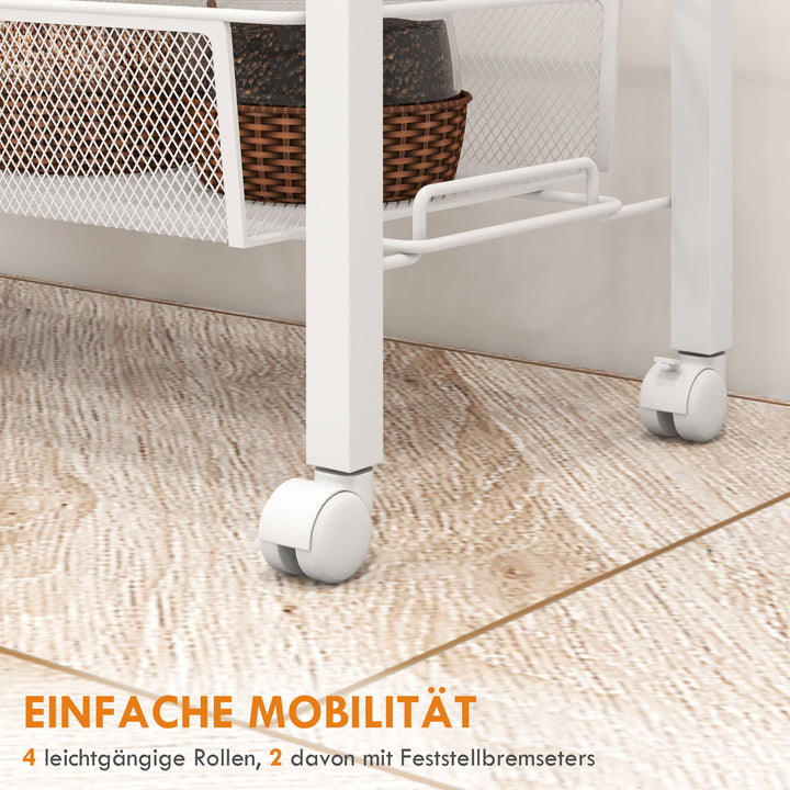 Nichevogn multifunktionel køkkenvogn, 3 hylder, krogene, 58 cm x 18,5 cm x 87 cm, hvid