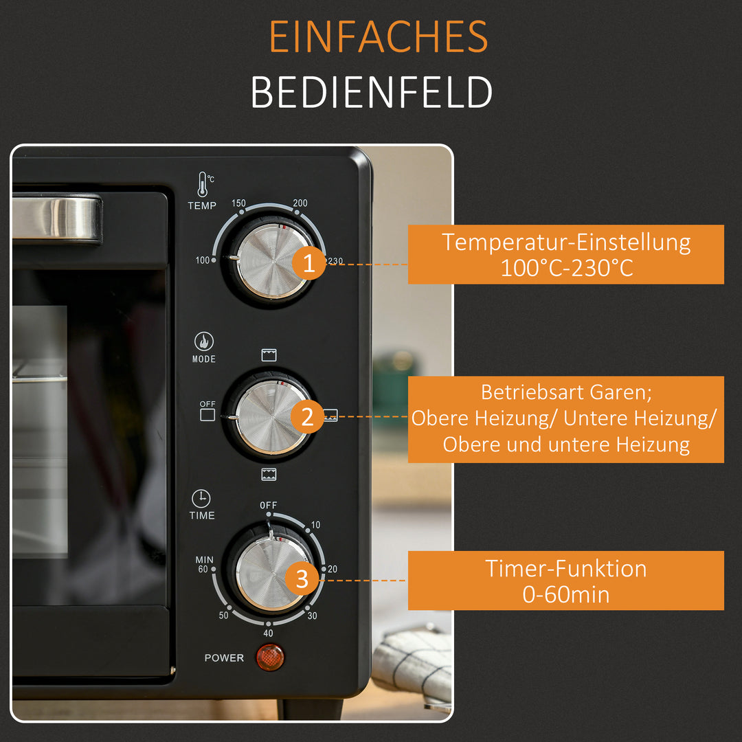 Miniovn, 21 l brødristerovn med 1 rist og 1 bageplade, 3 tilberedningstilstande, 100°c-230°c, rustfrit stål, glas, sort