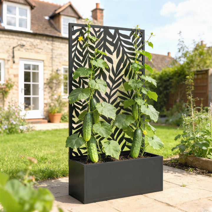 Blomsterkasse med afskærmning, plantekasse med espalier og tropiske bladmotiver, 61 x 23 x 113 cm, sort