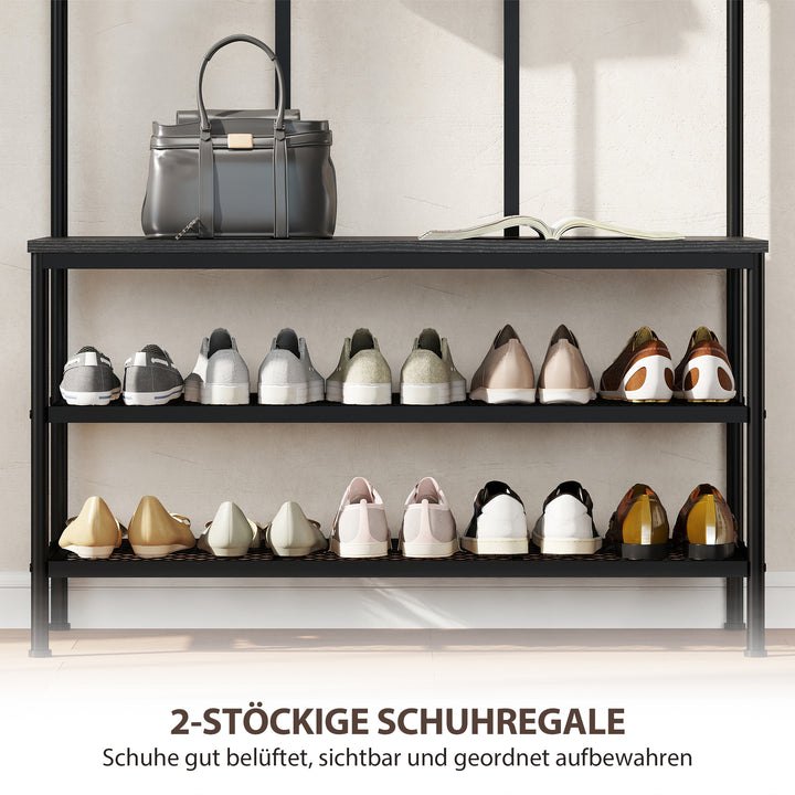 3-i-1 knagerække, knage, bænk, skohylde, metal, spånplade, sort