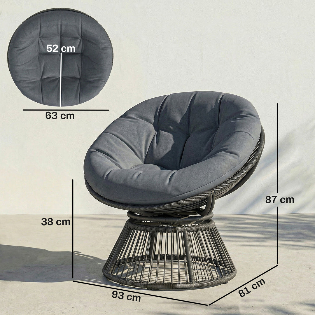 Papasan stol, 360° drejelig, kurvestol med hynde, stålstel, rund rattanstol, lænestol, grå