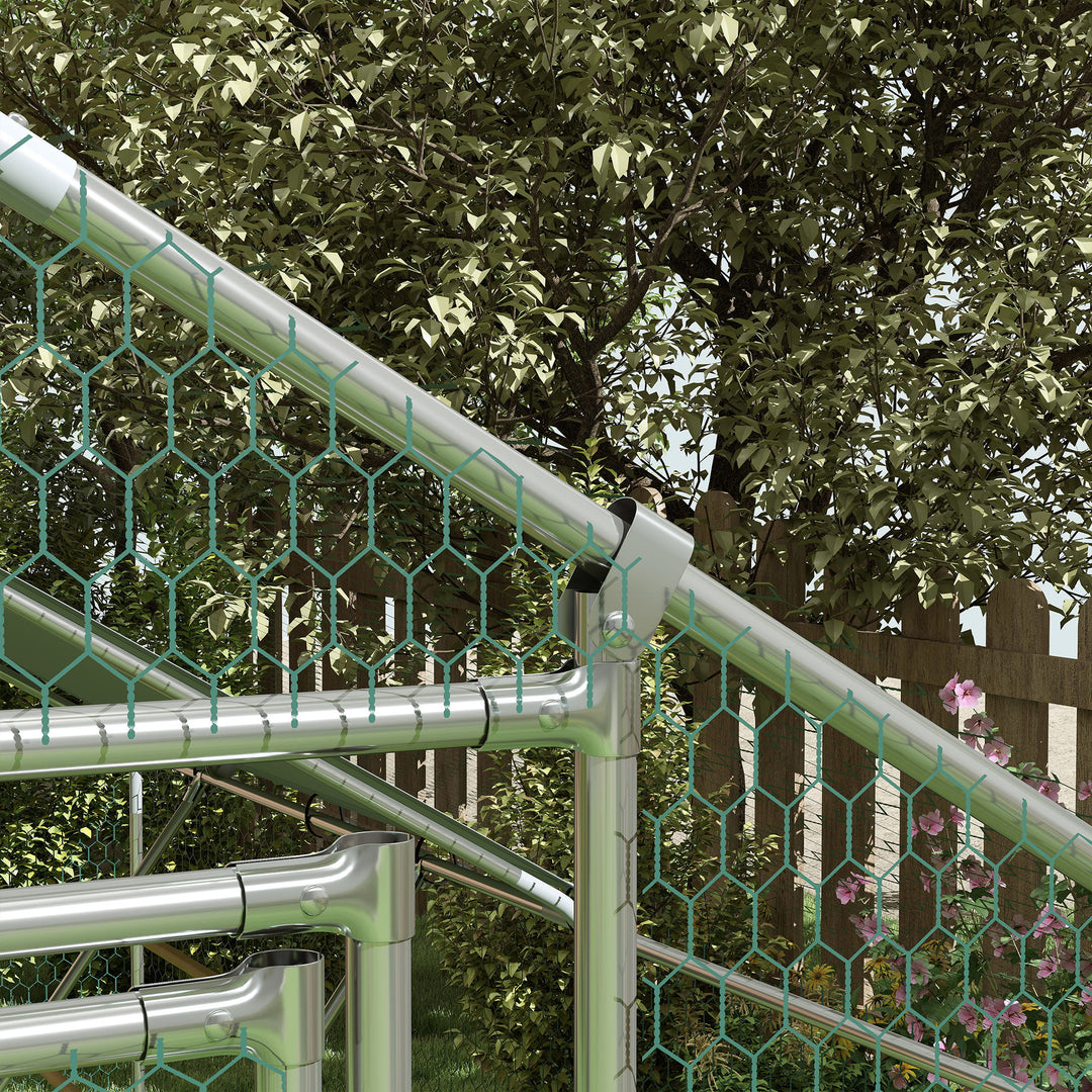 Hønsehus, fritgående indhegning til kyllinger, med uv-bestandig presenning, stålnet, automatisk foderautomat, til 6-8 kyllinger