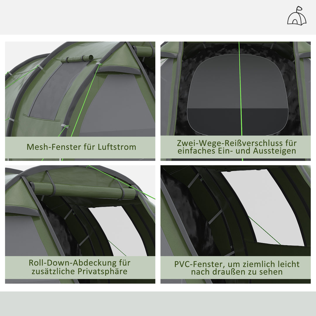 Campingtelt til 3-4 personer, to indvendige rum, netvinduer, grøn, 4,75 x 2,64 x 1,72 m