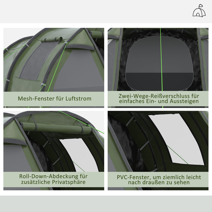 Campingtelt til 3-4 personer, to indvendige rum, netvinduer, grøn, 4,75 x 2,64 x 1,72 m