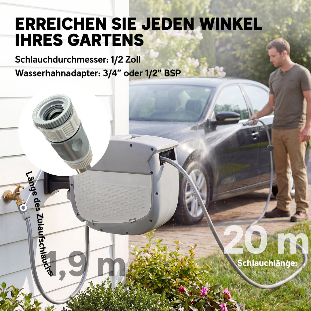 Slangeopruller med 20 m haveslange, 180° drejelig slangeboks med automatisk oprulning og selvlåsende mekanisme.