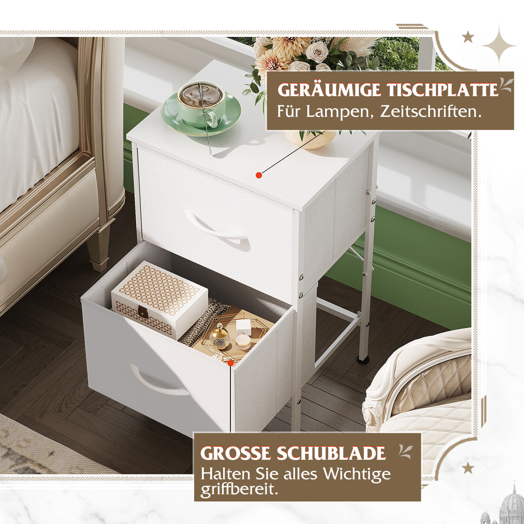 WLIVE Kommode med 2 skuffer, stofskuffer med udtræksskinner, natbord til soveværelse, lille sidebord med metalstel, entré, stue, børneværelse, natbord, hvid