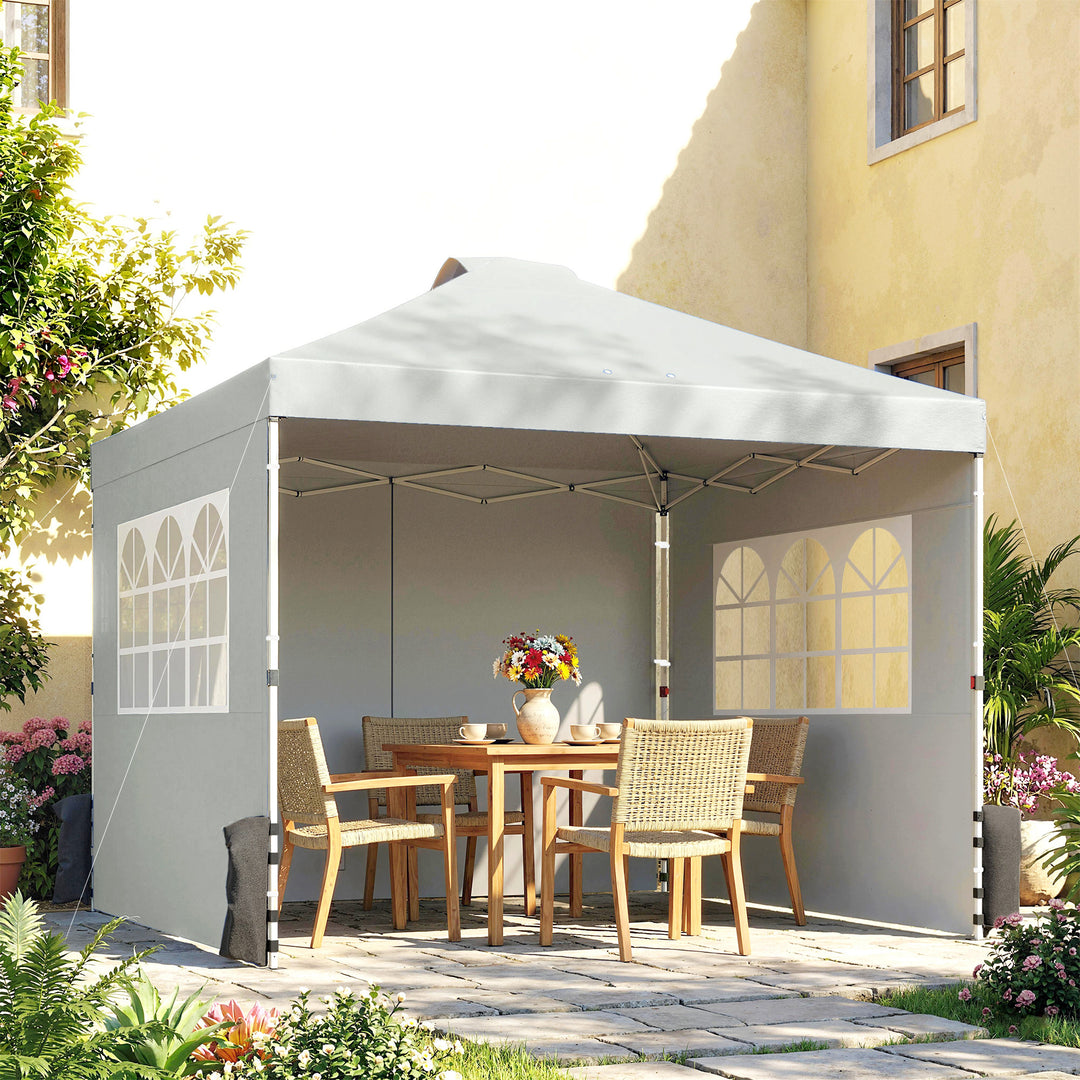 Pavillon ca. 3x3 m, vandtæt, højdejusterbar, pop-up foldbar pavillon med 3 sidepaneler, vinduesventilation, UV 50+, lysegrå