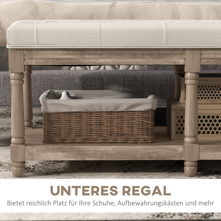 Bænk med opbevaring, vintage design, knapsøm, gummitræ, 115x40x48cm, cremehvid