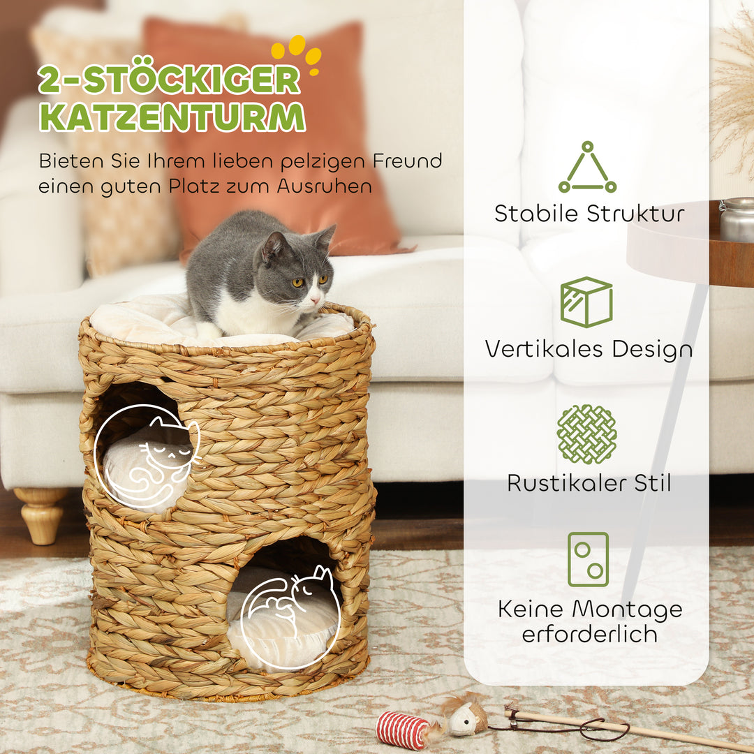 Kradsetønde, 50 cm, 2 huler, pude, kradsetræ med katteseng, vandhyacint kattetårn, lysebrun