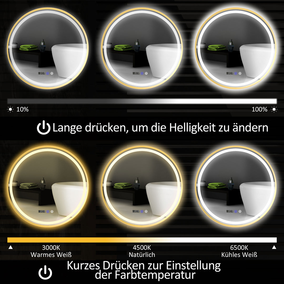 Rundt badeværelsesspejl med led-lys, antidugspejl, touchbetjening, display