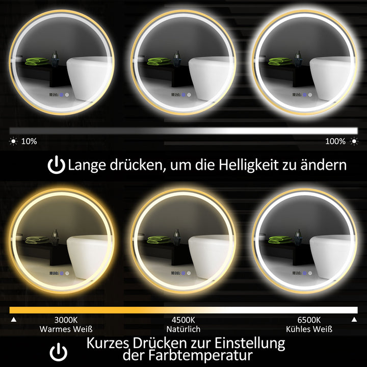 Rundt badeværelsesspejl med led-lys, antidugspejl, touchbetjening, display