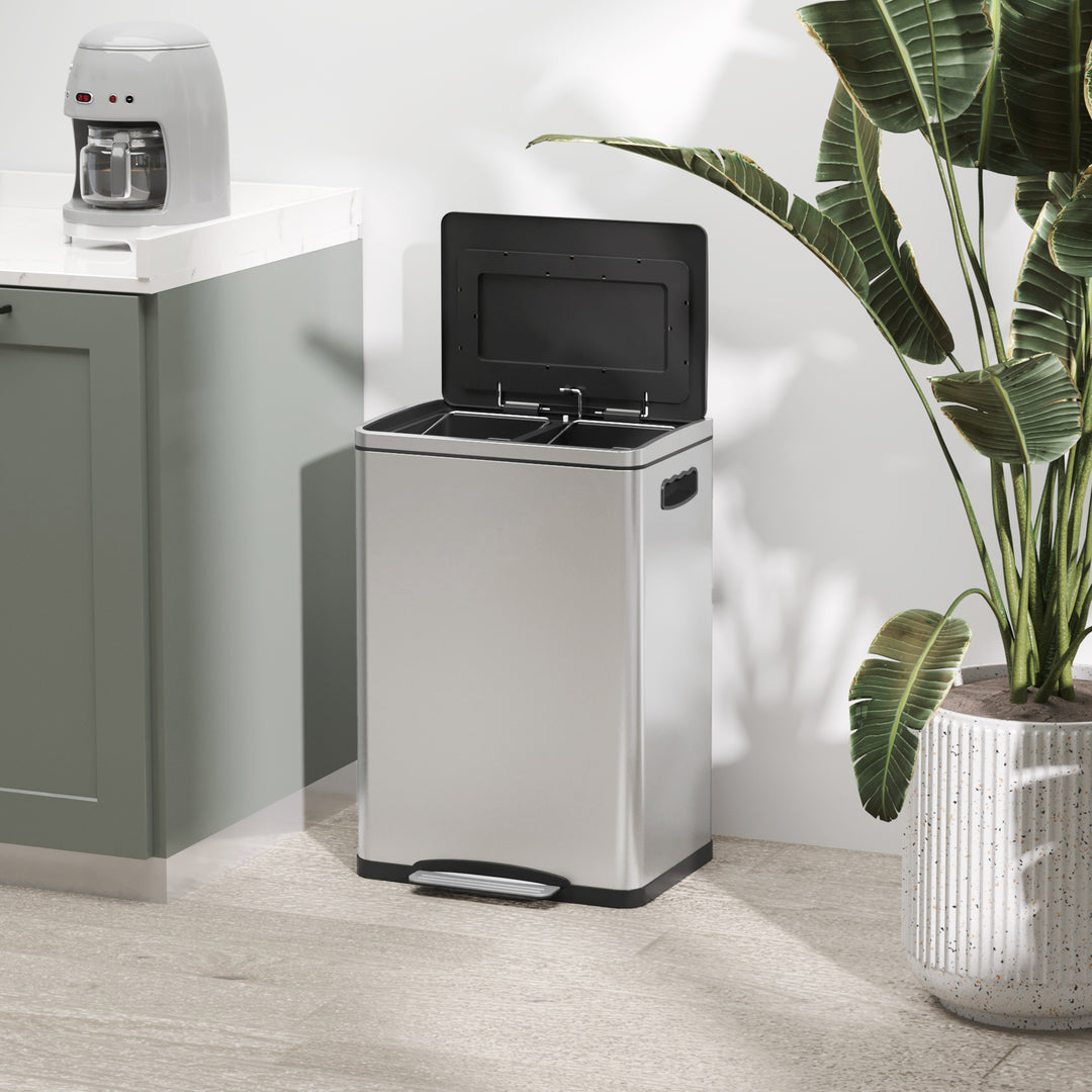 Skraldespand med låg og fodpedal, rustfrit stål, 2x 20 liters rum, sølv