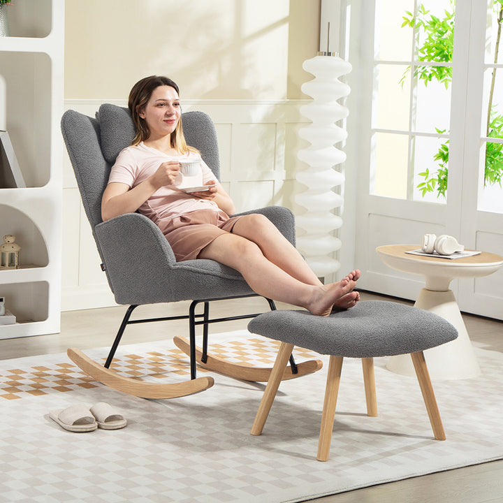 Gyngestol med fodskammel, blødt fleecebetræk, træben, hynde, høj ryg, gyngestol, mørkegrå