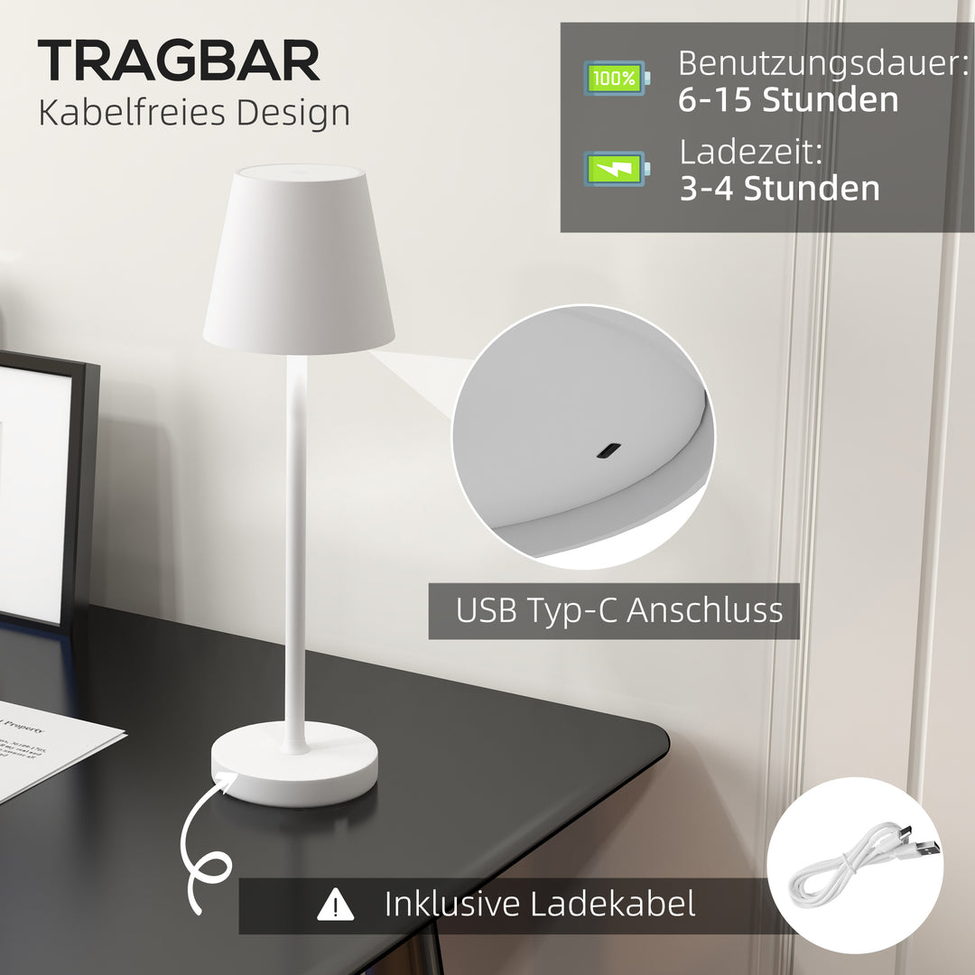 Genopladelig usb bordlampe med 3 lysfarver, bærbar usb sengelampe med touch afbryder, metal, hvid