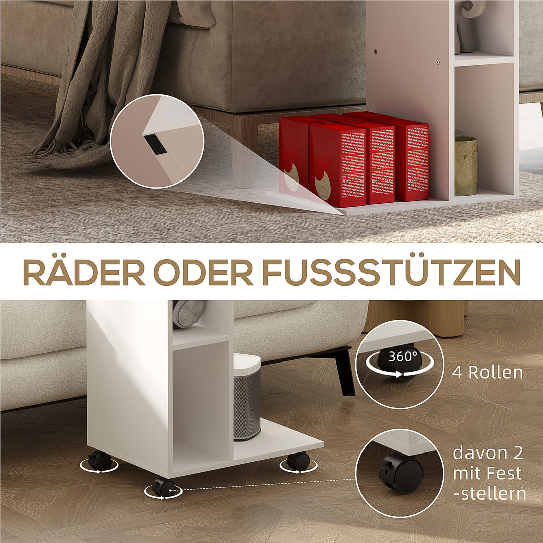 Sidebord, c-formet serveringsvogn, 4 hjul, 3 rum, 40 x 30 x 69 cm, hvid