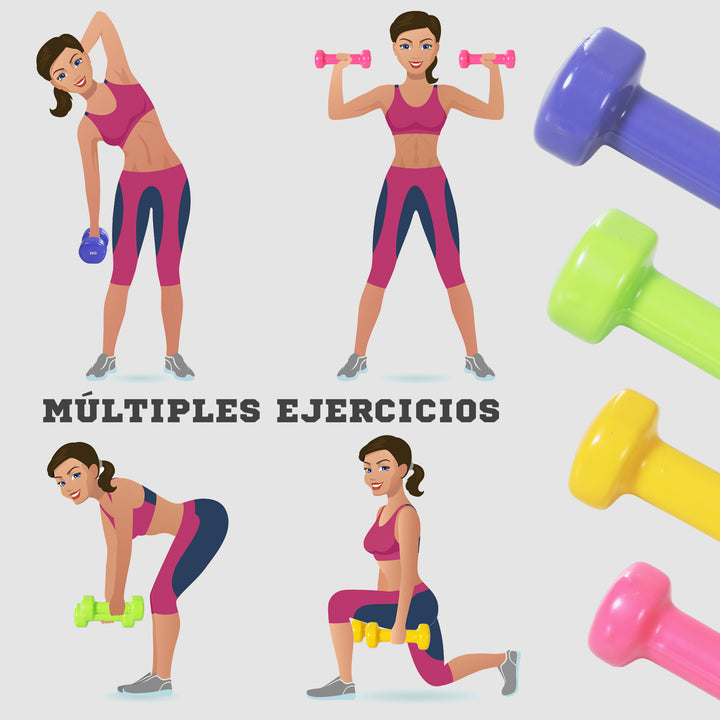 Håndvægtsæt 4 par håndvægte med kuffert 0,5 kg/1 kg/1,5 kg/2 kg jern+plastik rød gul grøn lilla