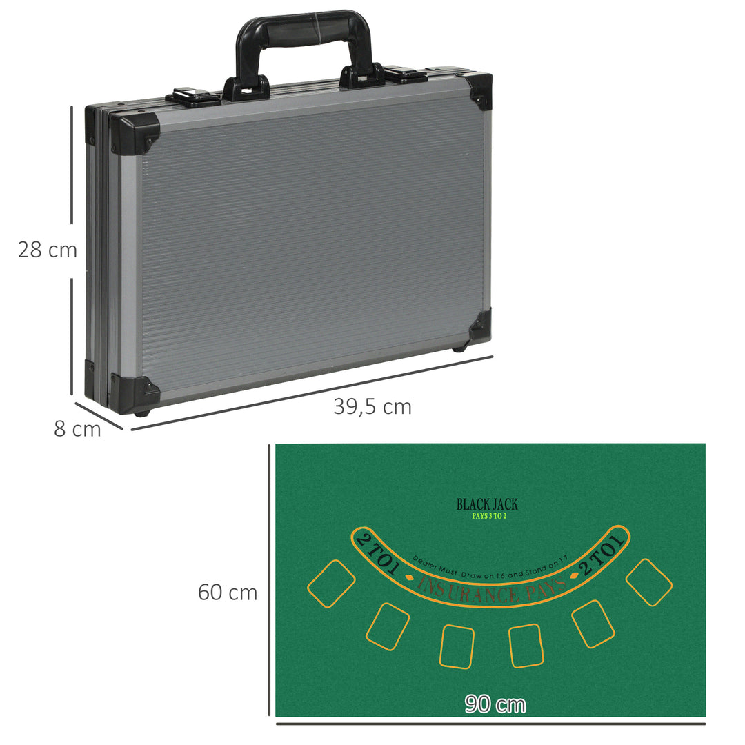 Pokersæt, pokerkasse, 400 chips, 2 sæt kort, 5 terninger, dealer-disk, måtte