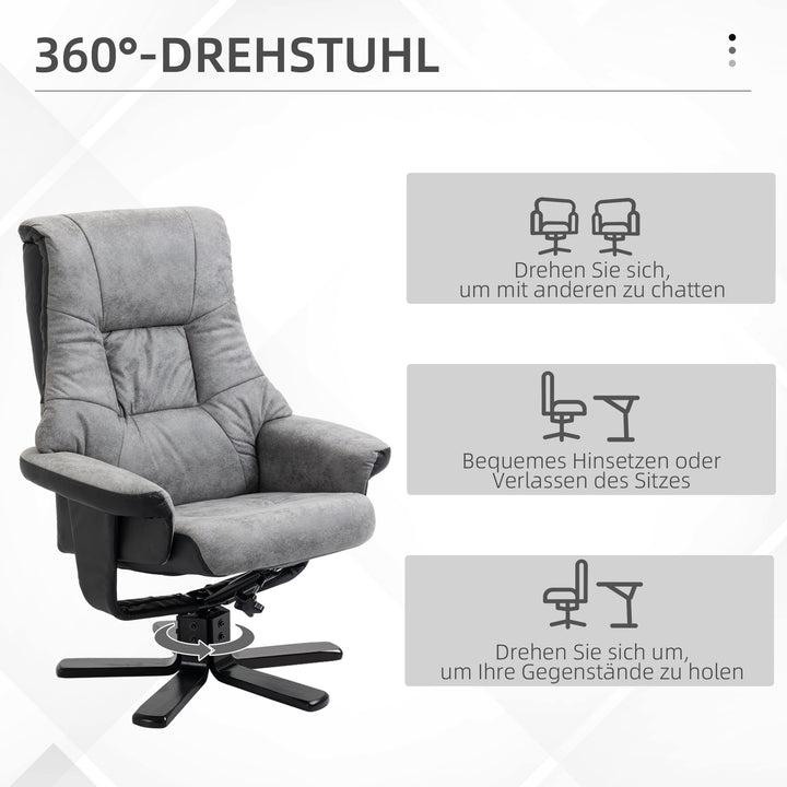 Lænestol med fodskammel, 360° drejelig, 135° lænefunktion, åndbart betræk, 78 x 82,5 x 109 cm, grå