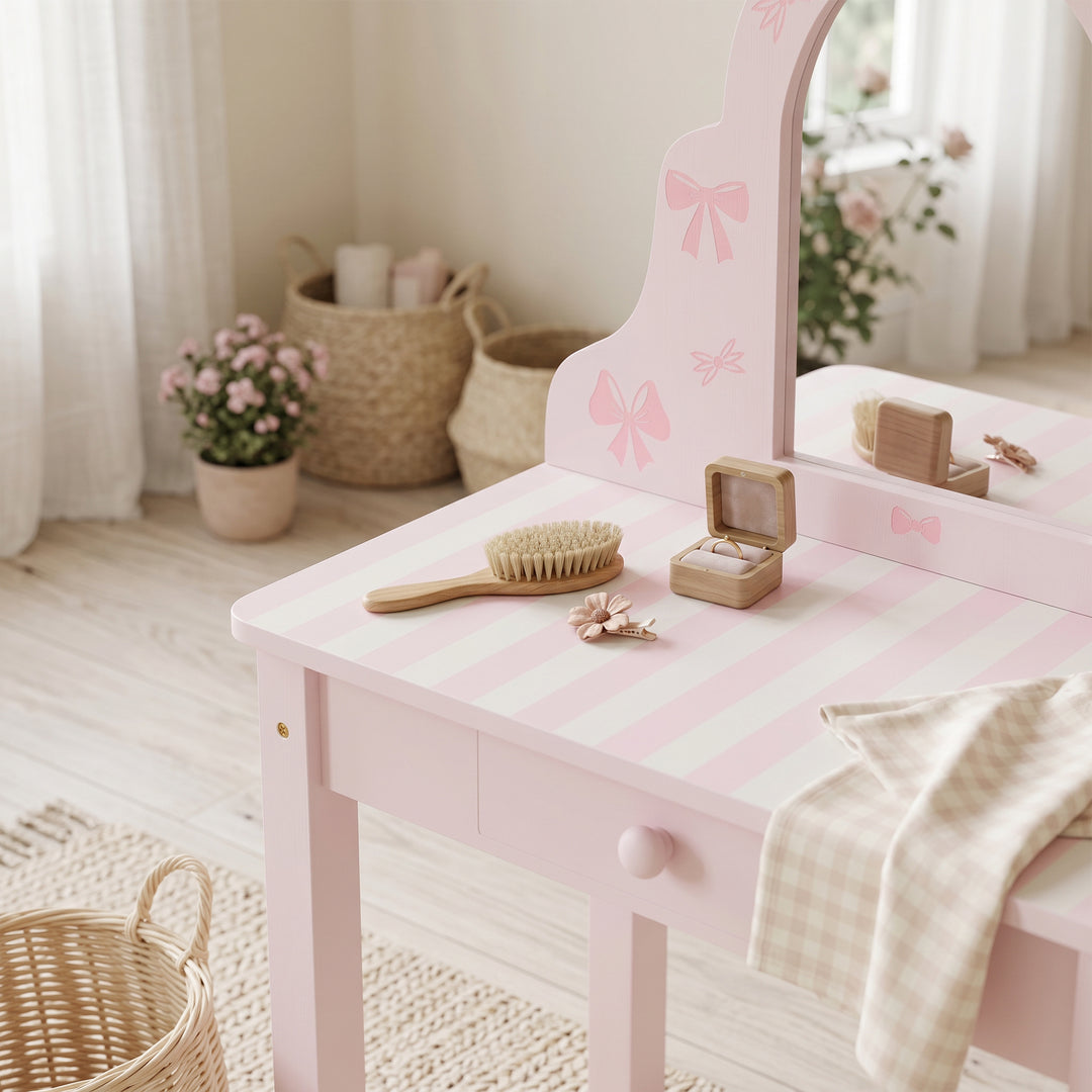 Børne 2-i-1 toiletbordsæt med skammel til piger i alderen 3-6 år, pink