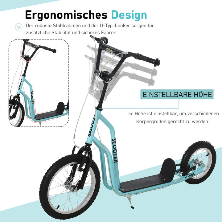 Børneløbehjul fra 5 år løbehjul spark løbehjul city scooter børneløbehjul kickboard med luftgummidæk 16/12 tommer blå 135 x 58 x 88-94 cm