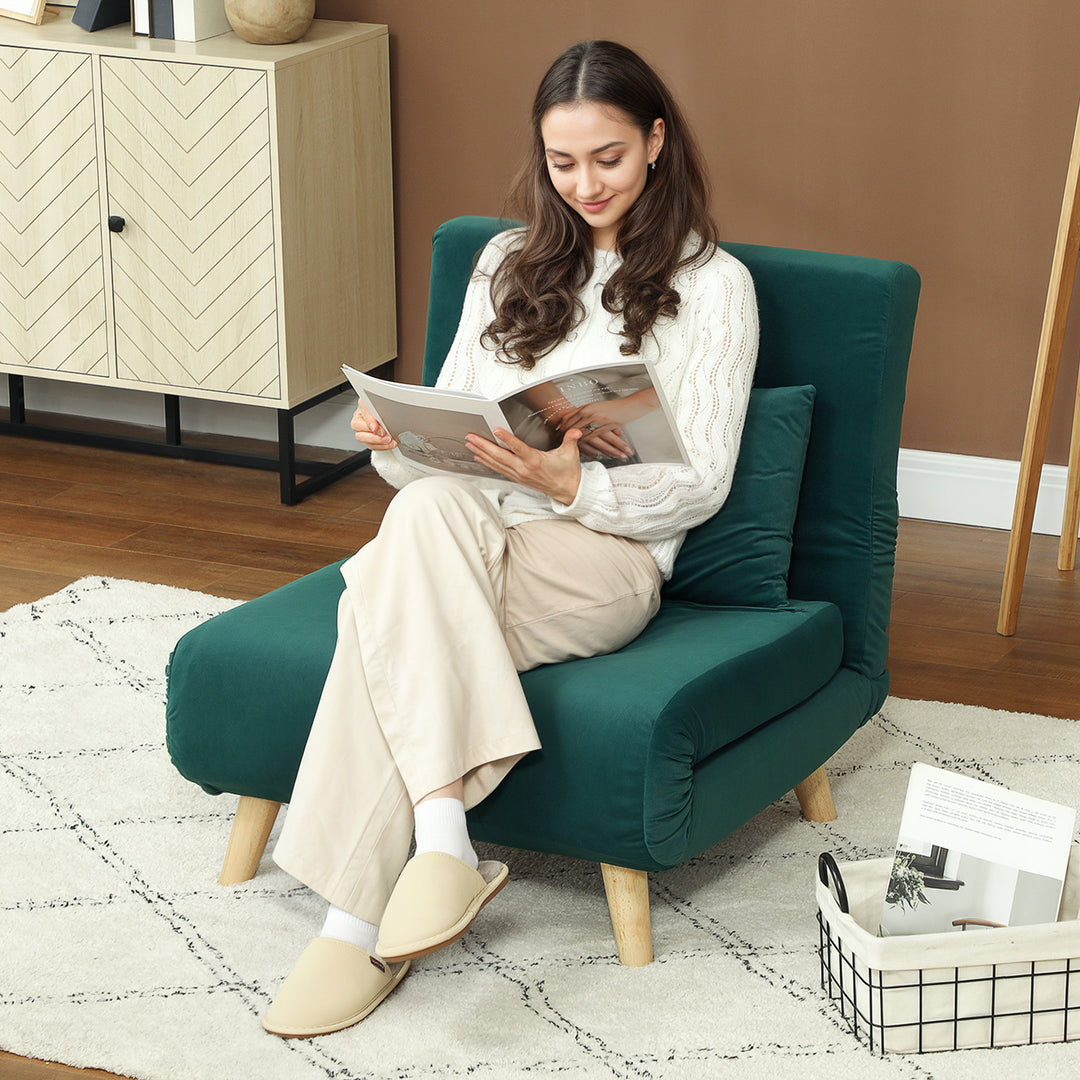 Klapstol med sengefunktion, foldbar afslapningsstol i fløjlslook, justerbar ryglæn, lasteevne op til 120 kg, mørkegrøn