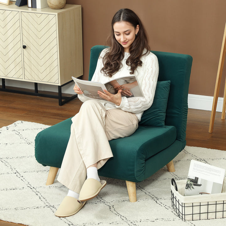 Klapstol med sengefunktion, foldbar afslapningsstol i fløjlslook, justerbar ryglæn, lasteevne op til 120 kg, mørkegrøn