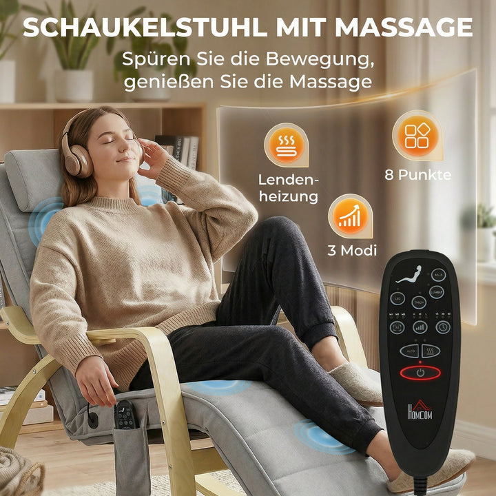 Gyngestol med massagefunktion, varme, nakke- og fodstøtte, fløjlsbetræk, lænestol, lysegrå