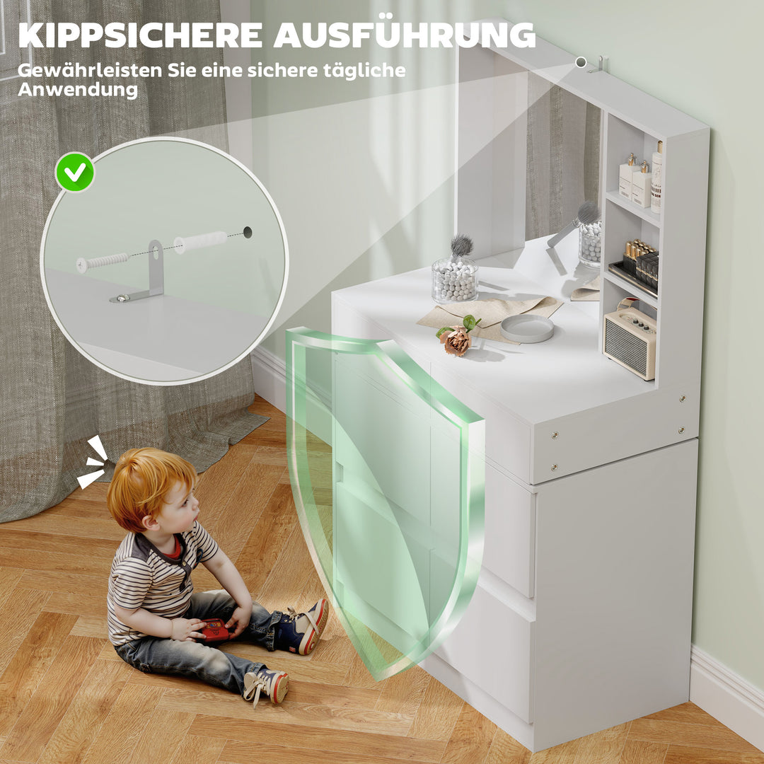 Sminkebord, makeupbord med stort spejl, 4 skuffer, 3 åbne rum, 2 skabe, mdf, hvid