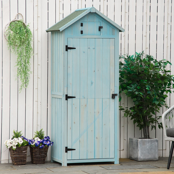 Træskur, vejrbestandigt redskabsskur 77x54,2x179cm, havehus med dør, skråtag, redskabsskab med hylder, redskabsskur til haven, terrasse, lyseblå+grøn