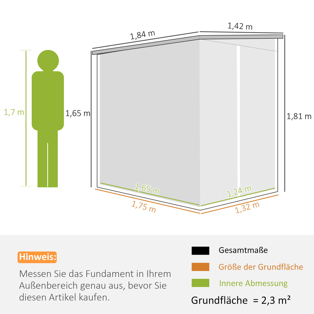 Metalskur, galvaniseret stål, låsbar dør, nem montering, 142 x 184 x 165/181 cm, grå