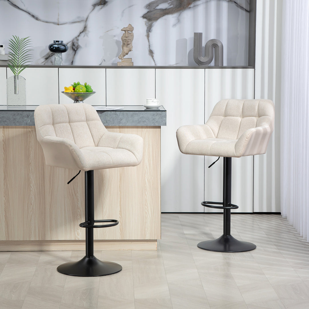 Barstolsæt med 2, retro design, højdejusterbar, kunstlæder, linnedlook, creme + sort