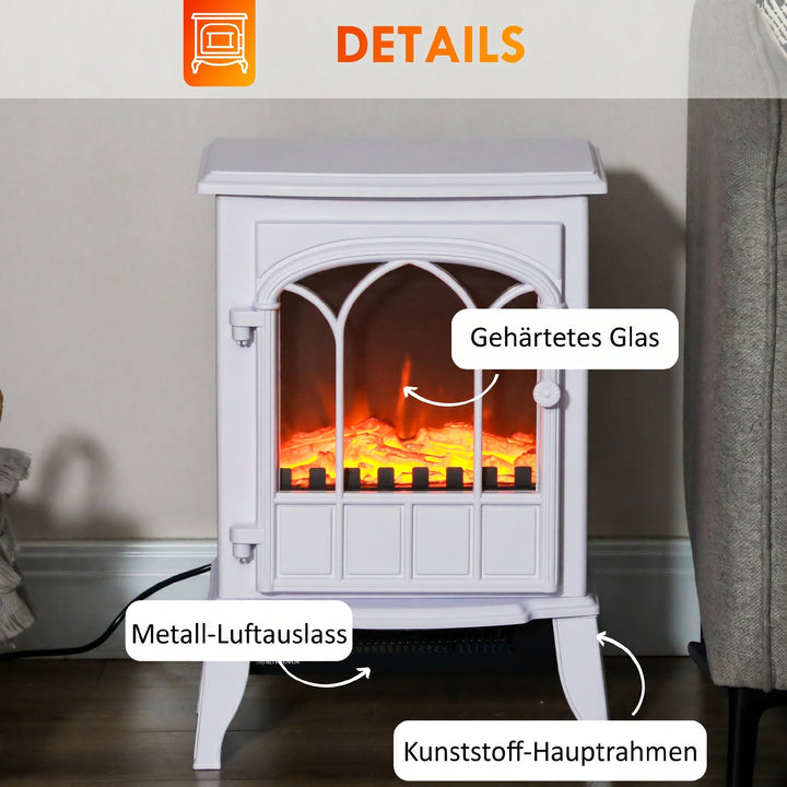 Elektrisk pejs med varmelegeme, LED-flammeeffekt, dekorativ pejs, hvid