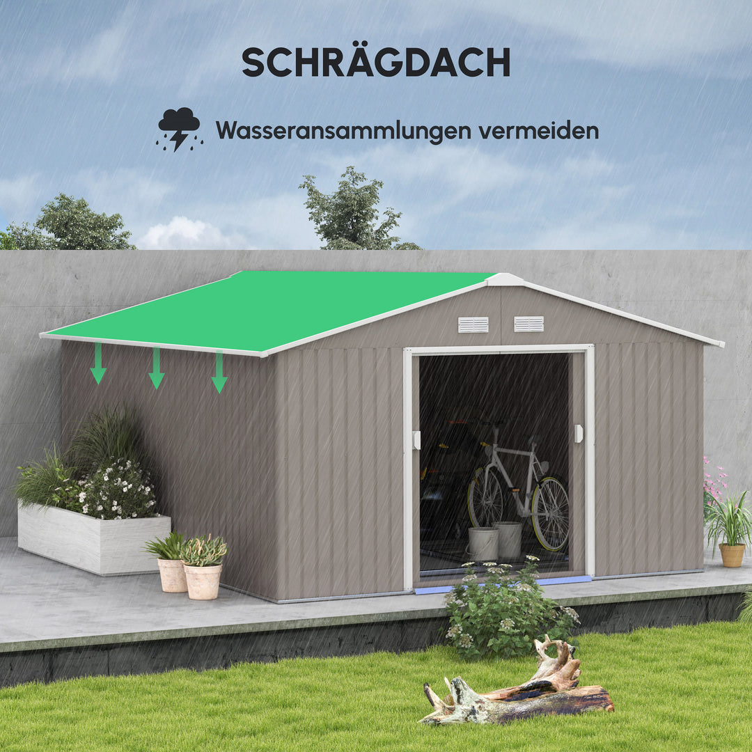 Redskabsskur, vejrbestandigt haveskur til haveredskaber, med ventilationsvinduer, skydedøre, stål, lysegrå