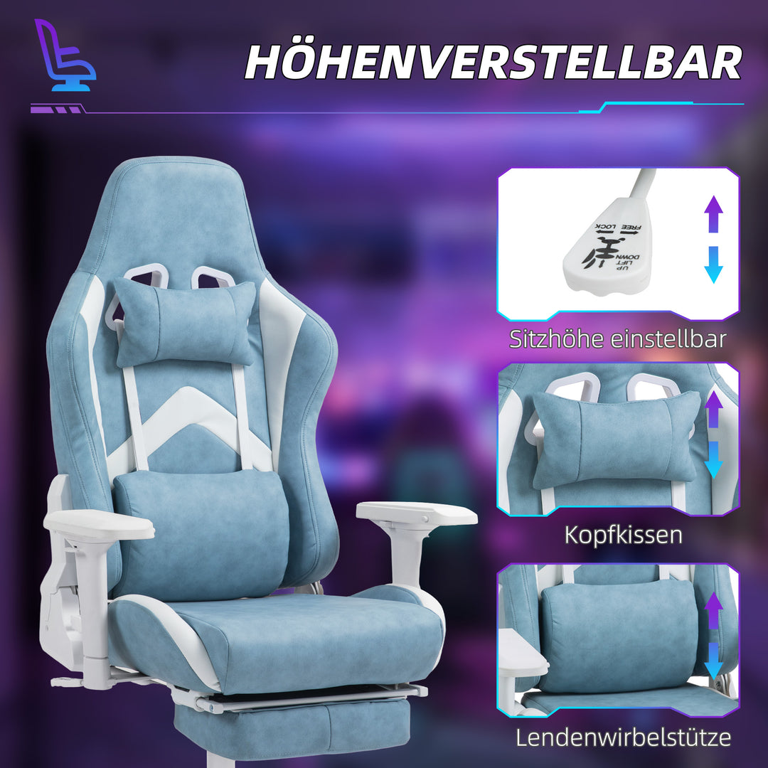 Gamingstol, justerbare armlæn og ryglæn, imiteret læderbetræk, op til 120 kg, blå