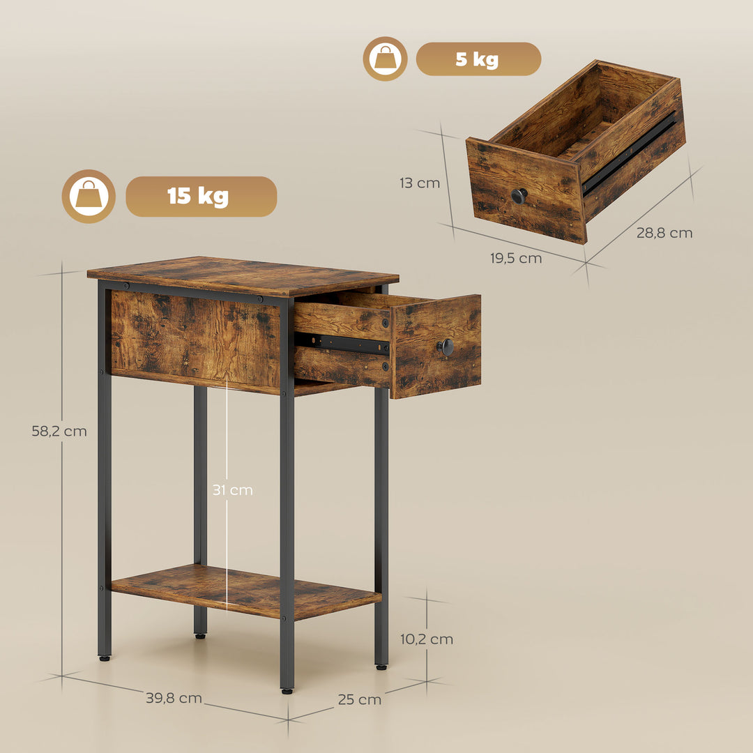 Sidebord med åbent rum og skuffe, sengebord, metalben, træ, brun