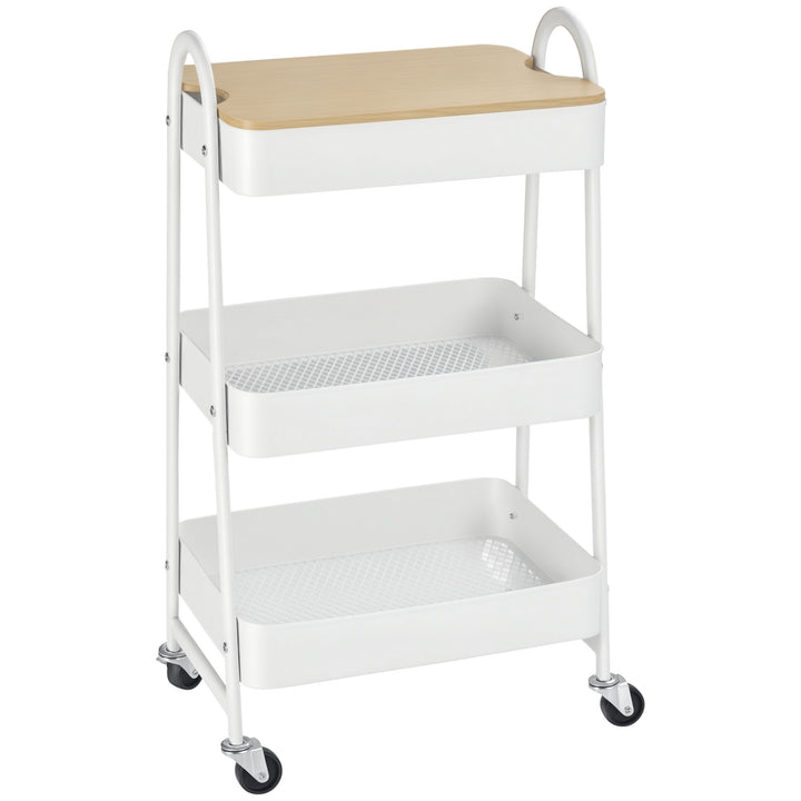 Serveringsvogn med 3 niveauer køkkenvogn med hjul køkkenhylde med kurv og låg rullevogn universalvogn til køkken kontor badeværelse, hvid