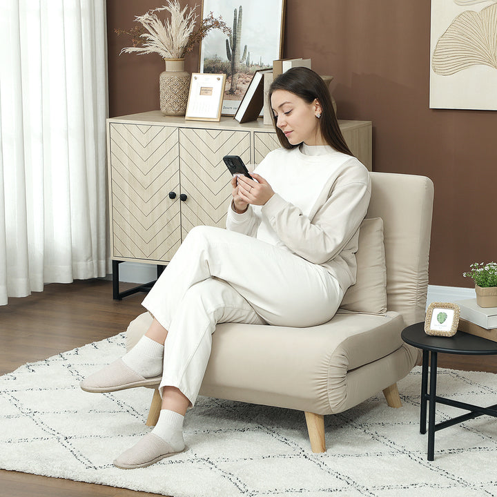 Klappelig lænestol med sengefunktion, klappelig lænestol i fløjlslook, justerbar ryglæn, lasteevne op til 120 kg, beige