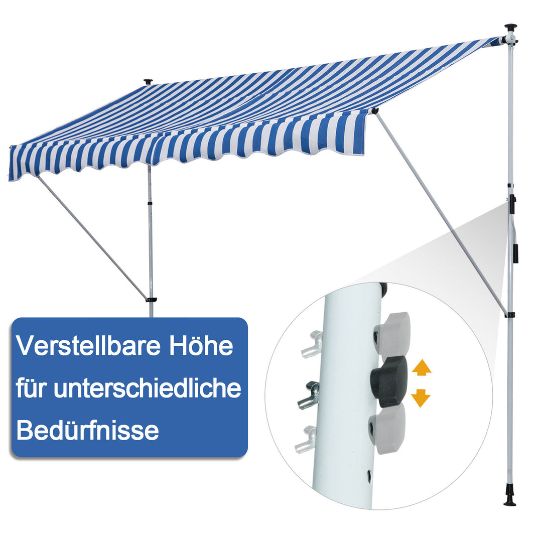 Klemmemarkise med håndsving, højdejusterbar, leddelt armmarkise, smudsafvisende, vejrbestandig, balkonmarkise, 150 cm bred, terrassemarkise til terrasse, altan, veranda, blå og hvid