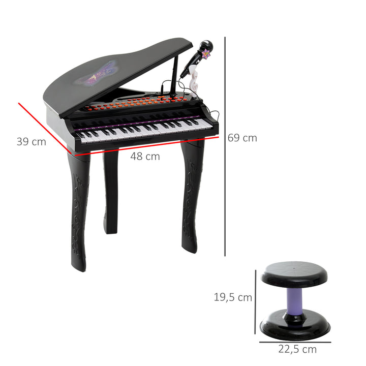 Børnekeyboard med 37 tangenter, skammelklaver med mikrofon, LED-læringstilstand, optagefunktion, klaverinstrument til 3-6-årige børn, sort