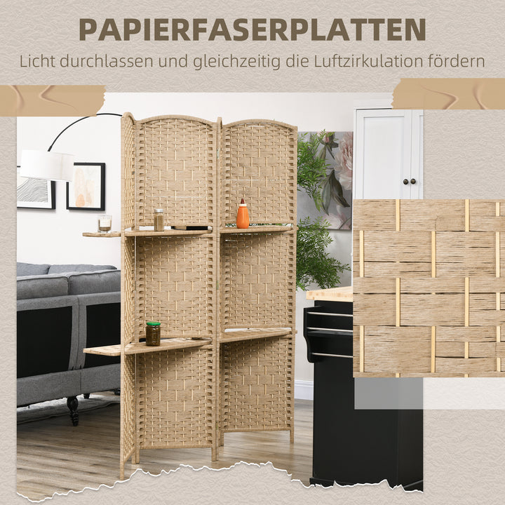 4-panels foldeskærm, 160 x 170 cm, foldbar skillevæg med 2 hylder, naturtræ