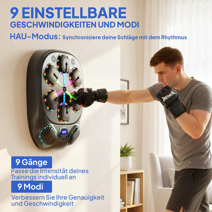 Musikboksemaskine, elektronisk LED-boksemaskine med dobbelte slagzoner, Bluetooth-handsker, 9 hastigheder