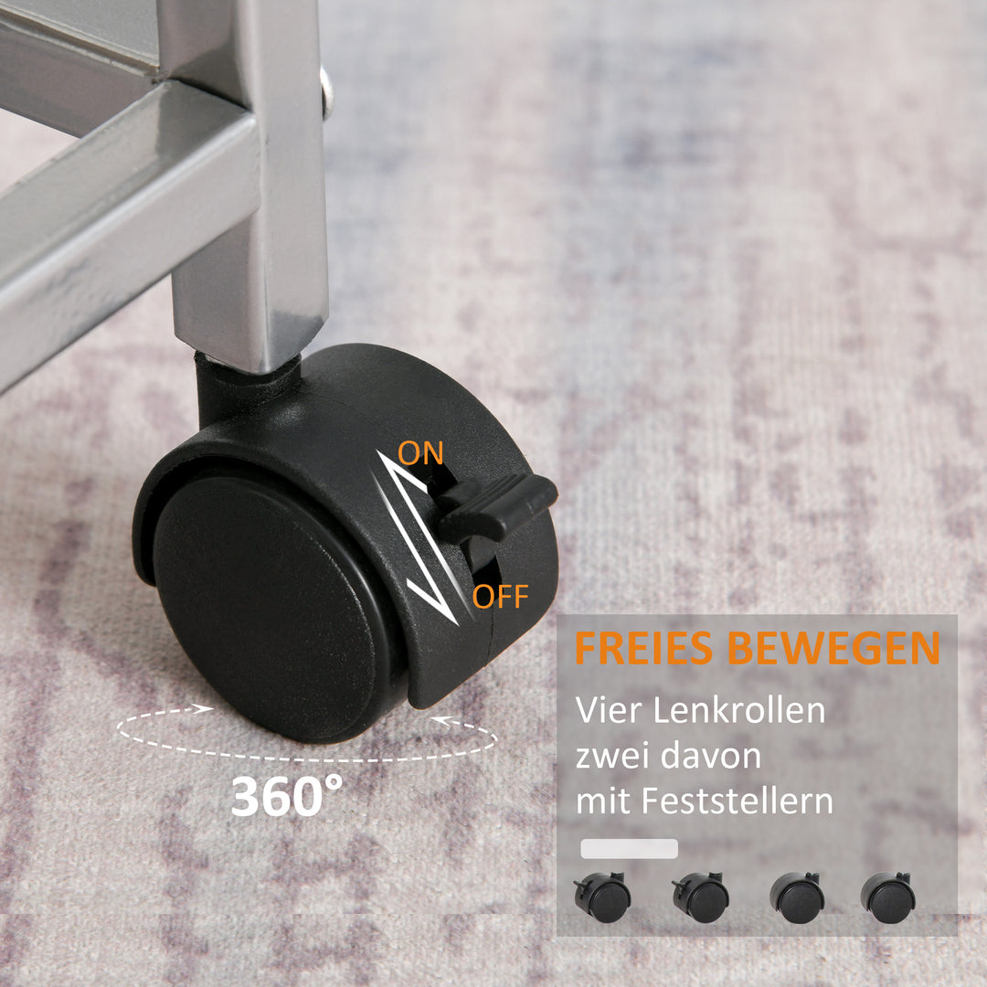 Køkkenvogn med 4 niveauer køkkenhylde med metalkurve, utility-vogn på hjul, opbevaringsvogn til køkken, badeværelse, kontor, stue, sølv