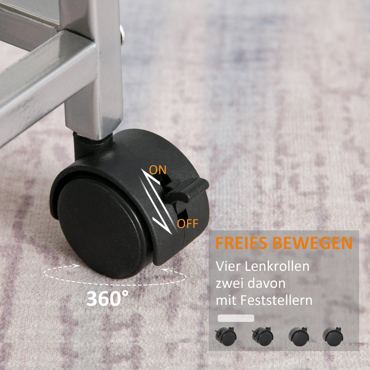 Køkkenvogn med 4 niveauer køkkenhylde med metalkurve, utility-vogn på hjul, opbevaringsvogn til køkken, badeværelse, kontor, stue, sølv