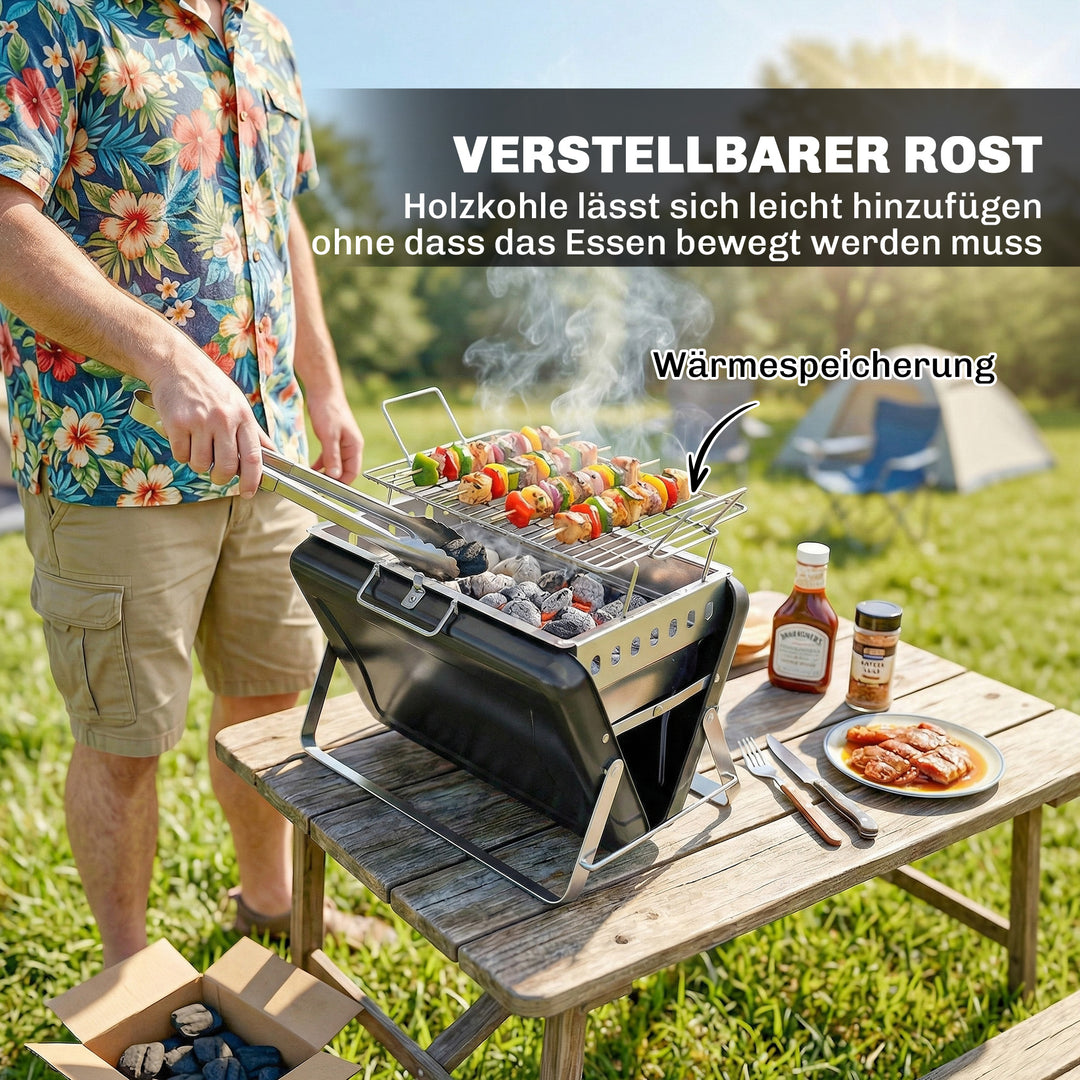 Rustfrit stål kulgrill BBQ-ryger med grillrist, håndtag og sammenklappelige ben til grill og camping, 40x28x25,5 cm, sort