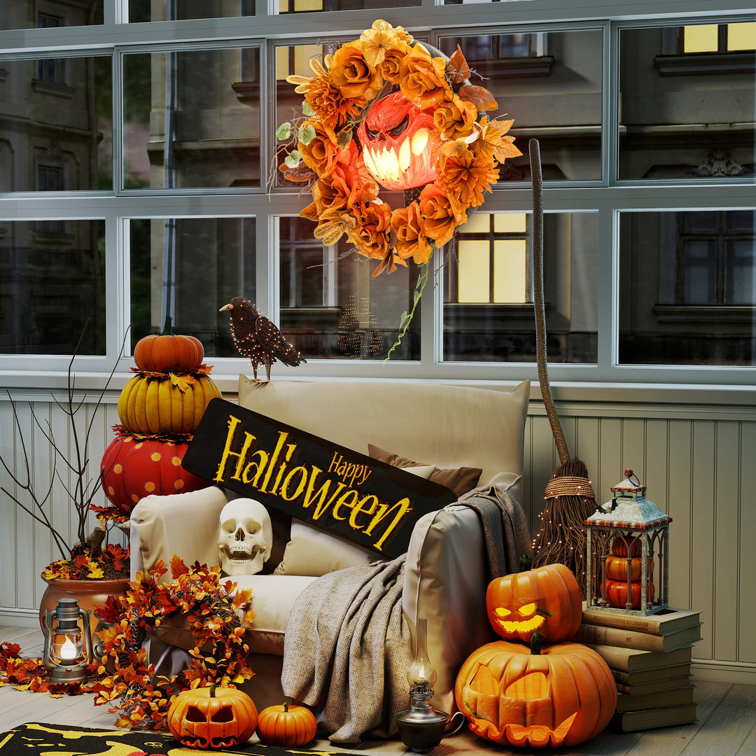 Halloween-krans, uhyggeligt græskardesign, efterårsblade, lyseffekter, plastik
