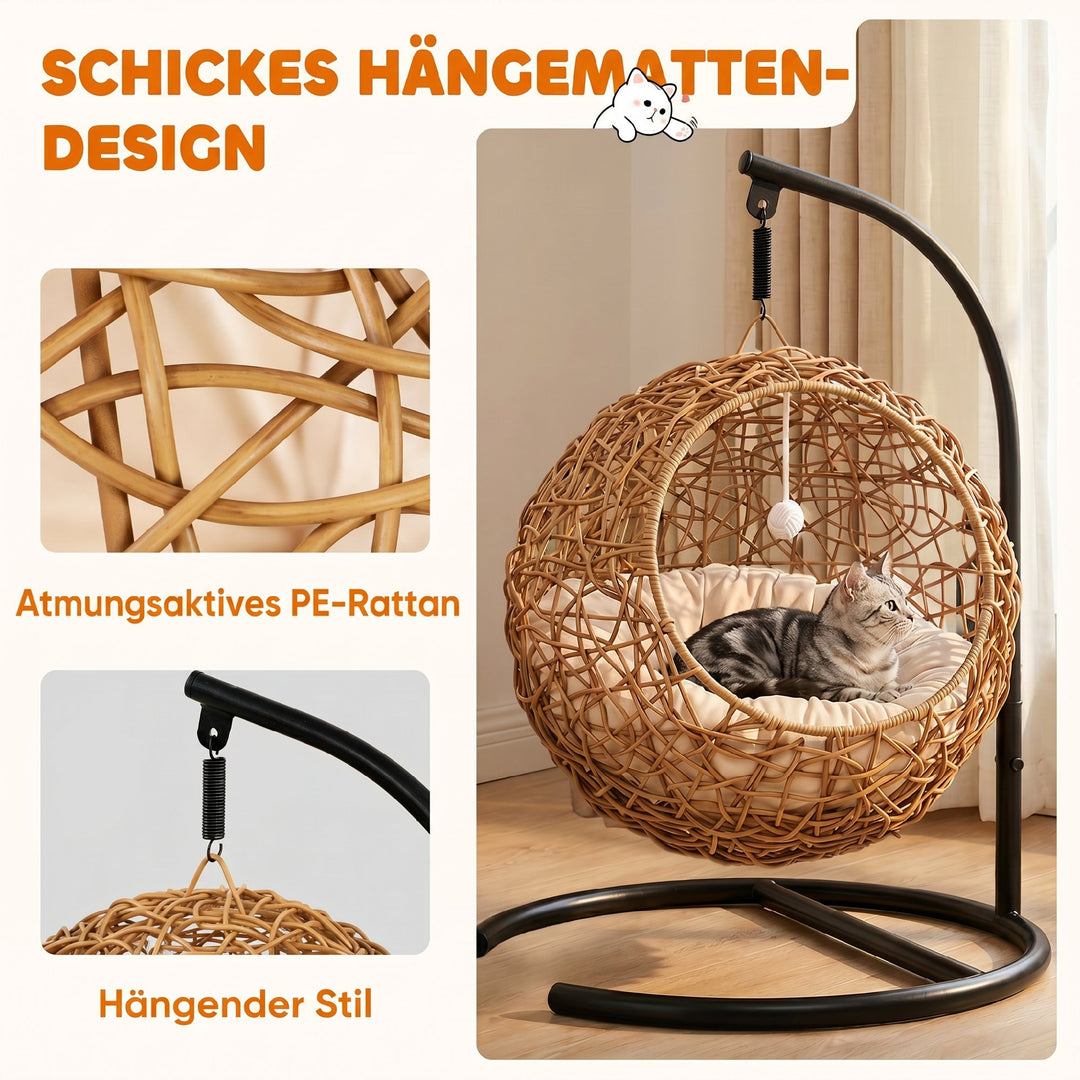 Rattan katteseng, kattehule med vaskbar hynde og legebold, til katte op til 10 kg, 45 x 41 x 75 cm, lysebrun