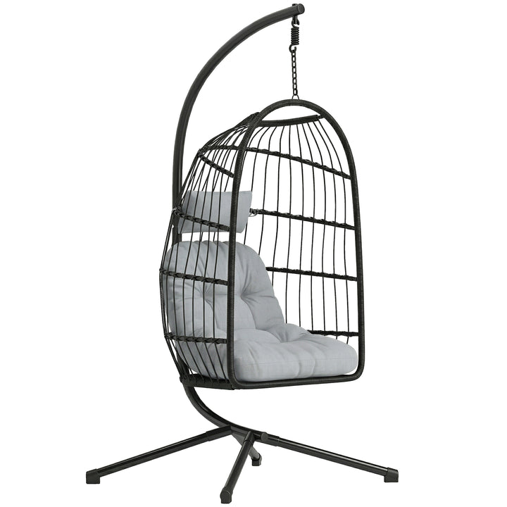 Hængestol med stel, foldbar hængekurv i polyrattan med hynde, sikkerhedssele, nakkestøtte, justerbare stropper